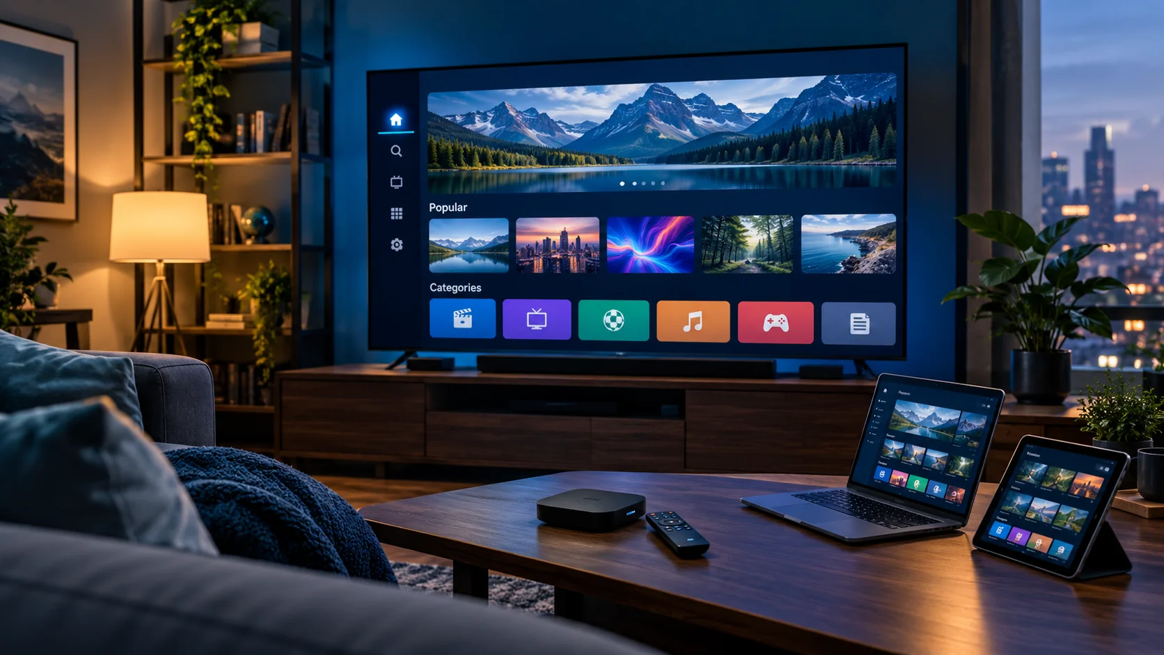 Modern home entertainment setup with television, streaming box and connected devices